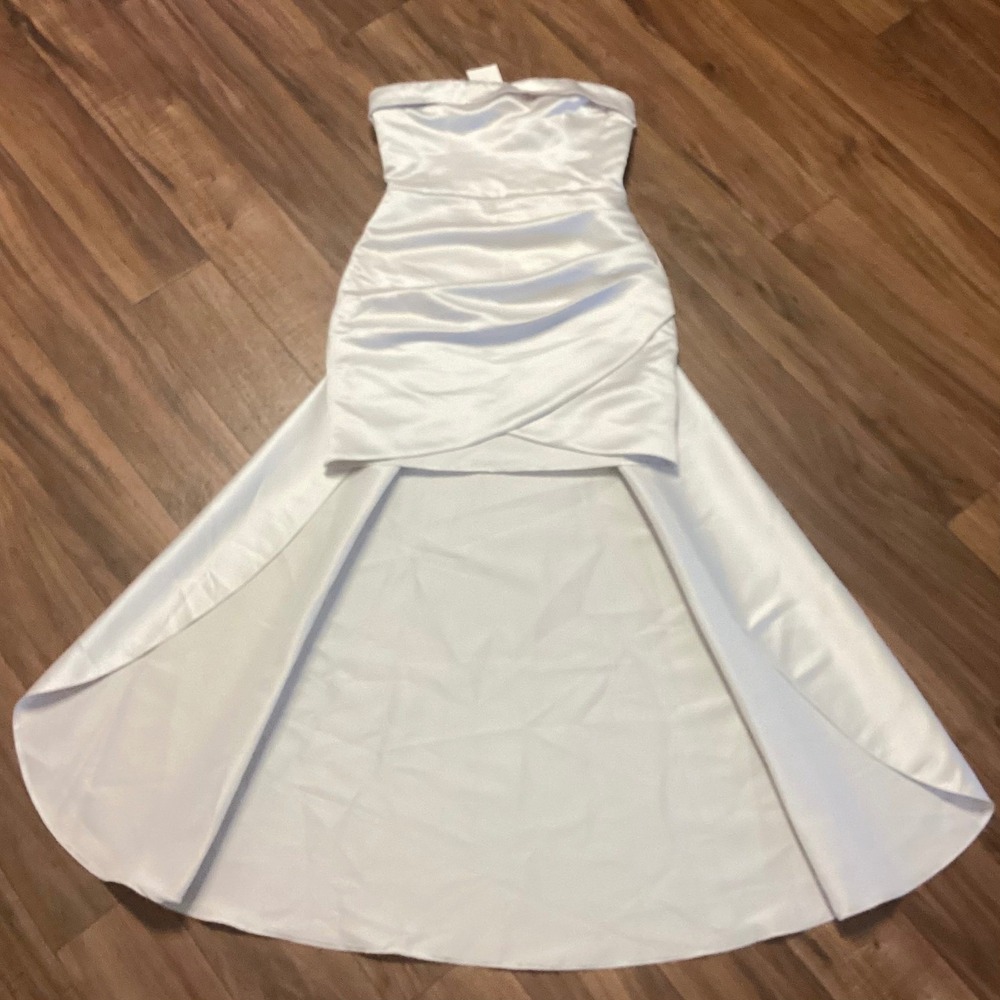 True Violet Bardot Ivory Satin Strapless Mini Dress w Train Bridal Size 10 NWT - Picture 7 of 13